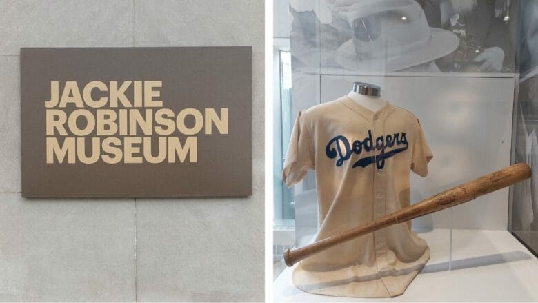 Interior del Jackie Robinson Museum en Nueva York con una camiseta antigua de los Dodgers y un bate expuestos en una vitrina.