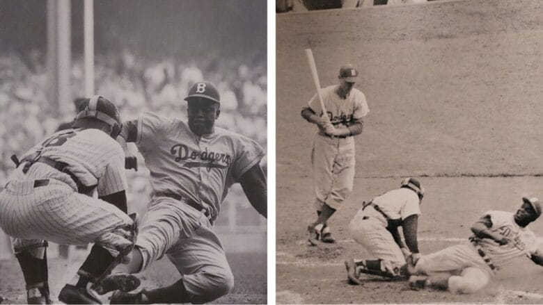 Fotografías históricas en blanco y negro de Jackie Robinson con los Dodgers, llegando al home plate durante un partido de béisbol.