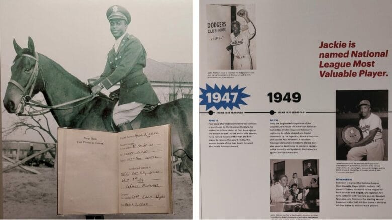 Panel del Jackie Robinson Museum en Nueva York con fotografías históricas, una cronología de 1947 y 1949, y referencias a su etapa militar y deportiva.