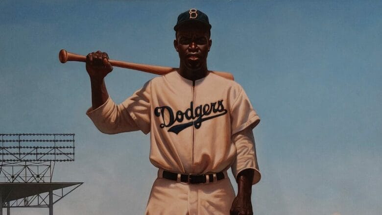 Cuadro de Jackie Robinson con el uniforme de los Dodgers y un bate al hombro, expuesto en el Jackie Robinson Museum de Nueva York.
