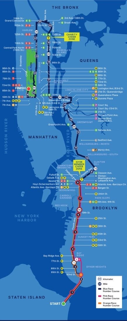 Carte officielle du parcours du Marathon de New York (PDF NYRR)
