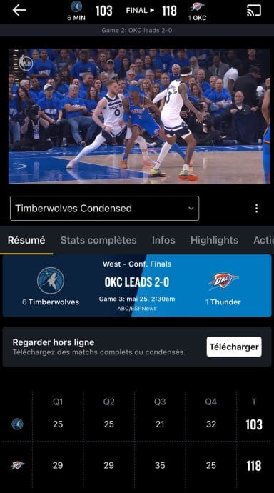 Interfaz del NBA League Pass en móvil con visualización sin conexión