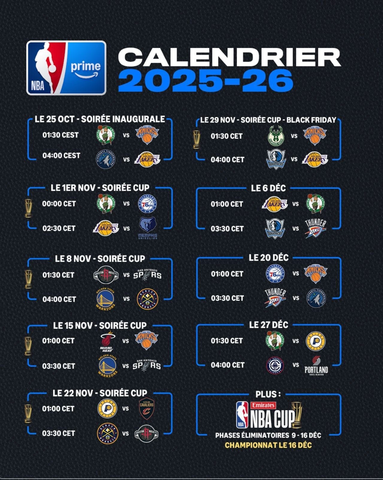 Programme NBA 2025-26 sur Prime Video — calendrier officiel (1/3)