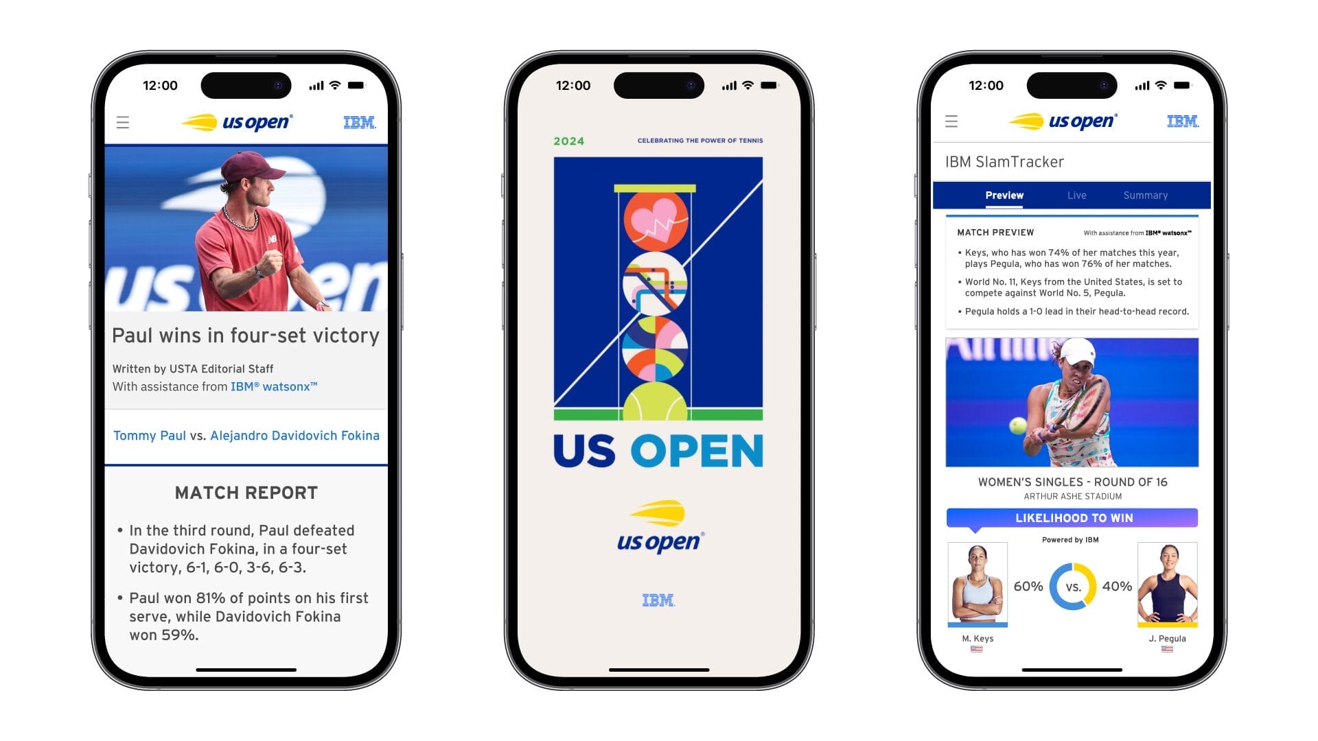 interface of the official US Open 2024 smartphone app