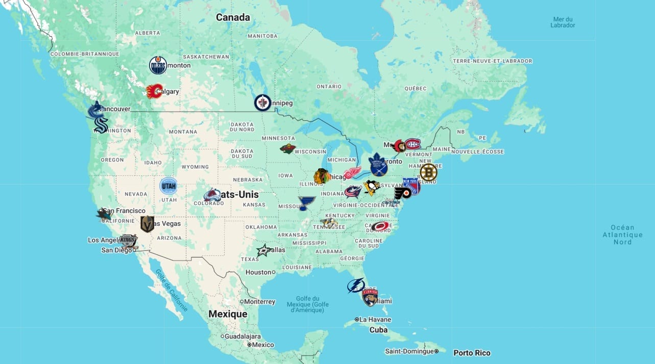 Mapa de los equipos NHL 2025-2026 en Estados Unidos y Canadá
