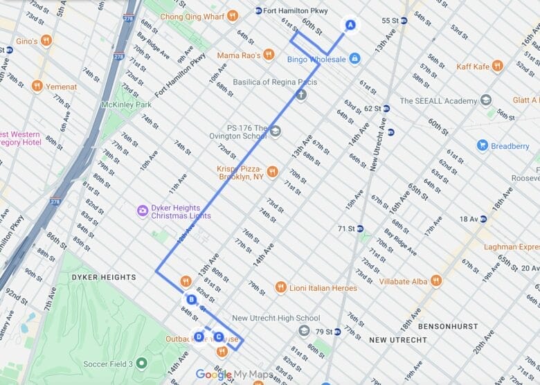 Itinéraire conseillé pour visiter Dyker Heights à Noël depuis le métro