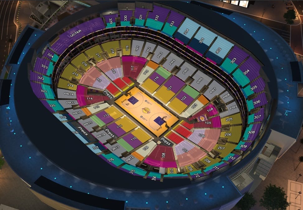Plan 3D Crypto.com Arena – sections colorées et numérotées autour du parquet des Lakers