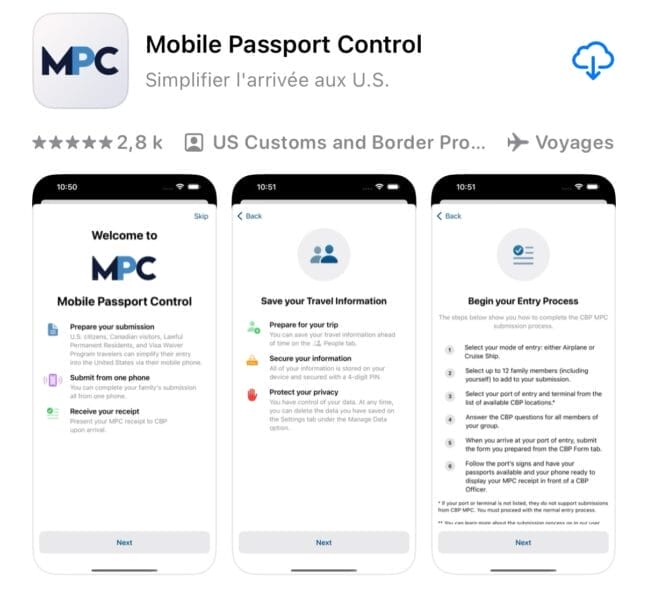 Interface de l’application Mobile Passport Control sur iPhone – étapes d’enregistrement et soumission du formulaire MPC