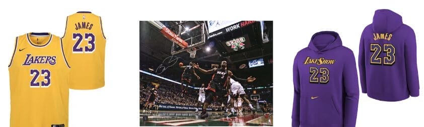 Collage : maillot jaune Lakers 23, dunk de LeBron et hoodie LakeShow violet