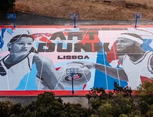 Terrain Art Dunk du miradouro Moinho do Penedo, Lisbonne, décoré d’une fresque géante