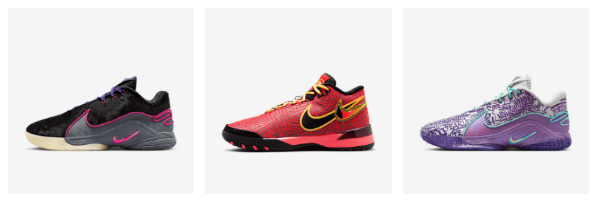 Trois colorways 2024 de la Nike LeBron XX Low : Black/Pink, Red/Gold, Purple/Teal