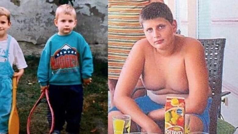 Photos d’enfance de Nikola Jokić en Serbie : à gauche en sweat Denver Nuggets, à droite adolescent joufflu à table