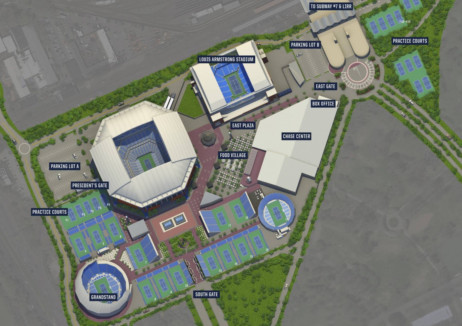 carte détaillée du US Open avec courts, stades, food village et zones d’accès
