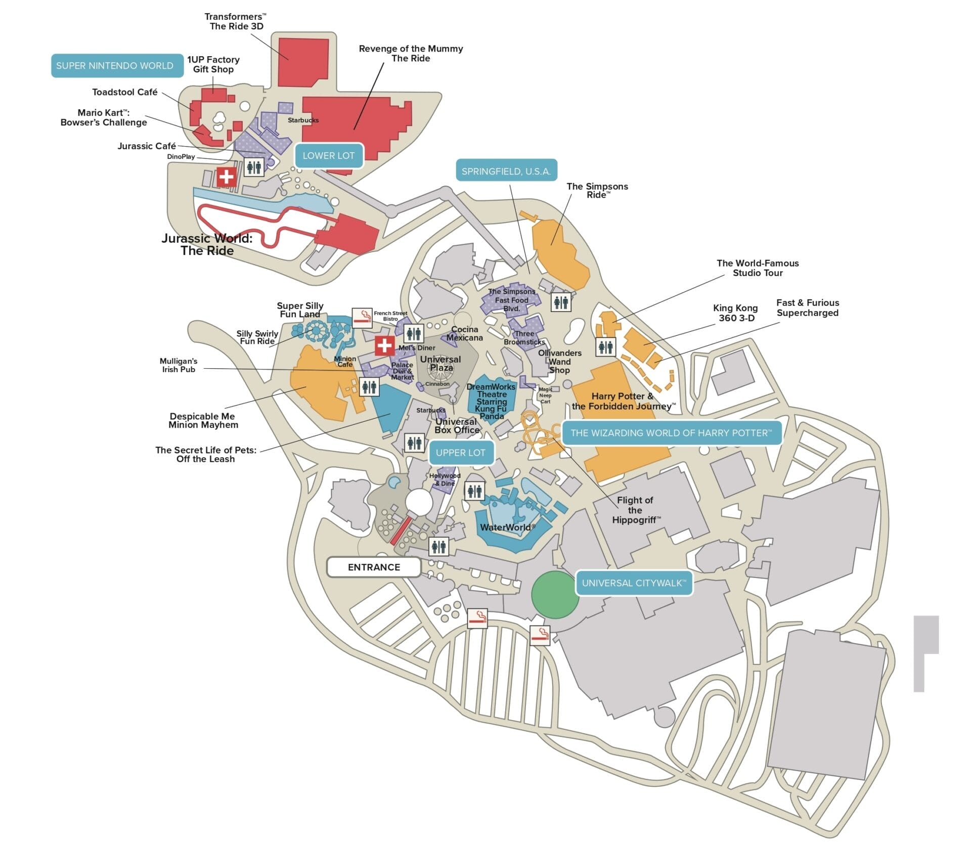 Plano del parque Universal Studios Hollywood con zonas Upper Lot y Lower Lot