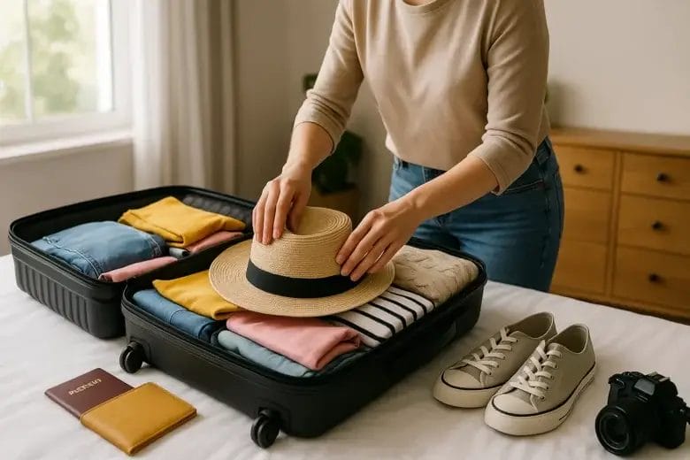 Femme préparant sa valise cabine avec vêtements et accessoires de voyage