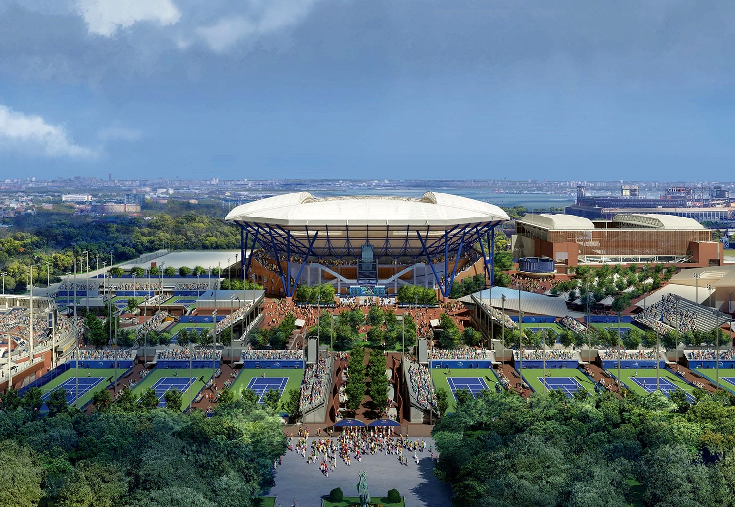 vue aérienne réaliste du USTA Billie Jean King Tennis Center avec les courts et le Arthur Ashe Stadium