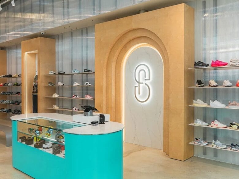 Interior de SoleFly Miami con estanterías de sneakers, mostrador y diseño moderno.