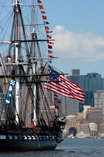 USS Constitution Boston. a tall ship with a lot of flags on it