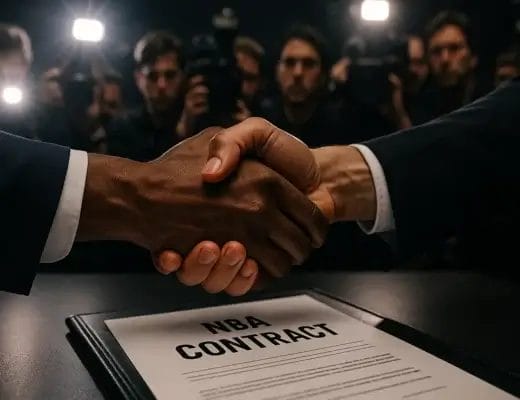 Poignée de main entre un joueur NBA et un agent devant les médias, symbolisant la signature d’un contrat lors de la Free Agency