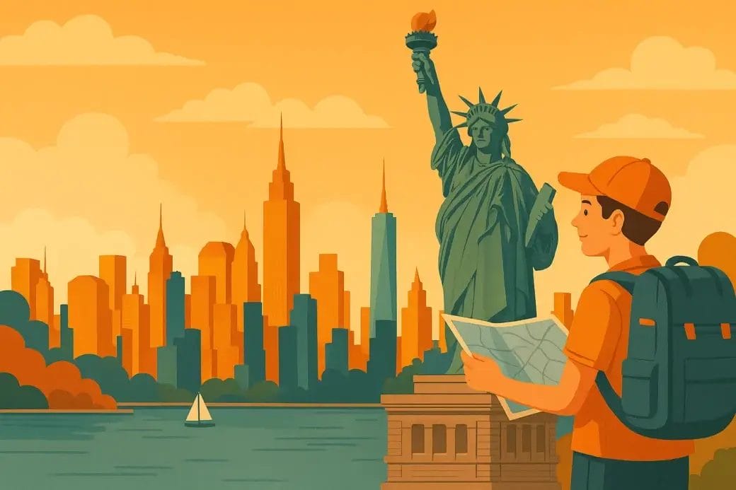 Voyageur avec carte devant la Statue de la Liberté et les gratte-ciel de New York