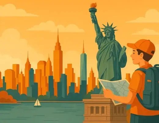 Voyageur avec carte devant la Statue de la Liberté et les gratte-ciel de New York