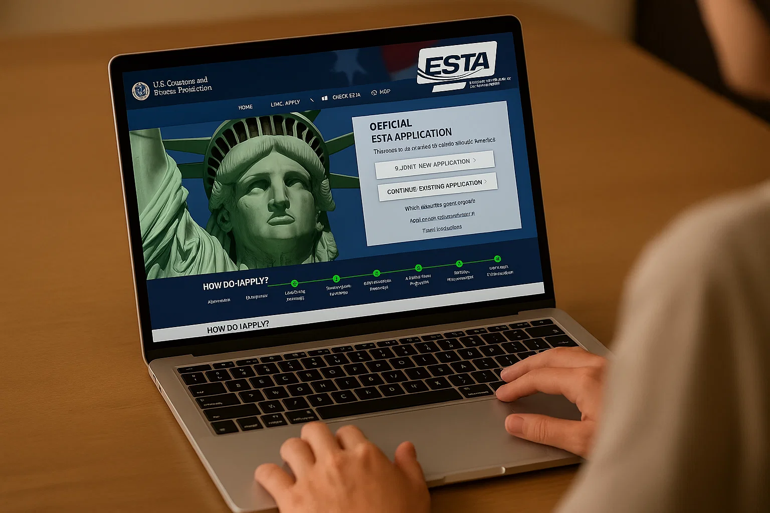 Page d’accueil du site officiel ESTA sur ordinateur portable, formulaire visible à l’écran