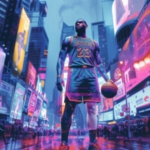 LeBron James à Times Square à New York avec son maillot des Lakers et un ballon de basket