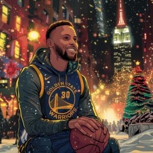 Stephen Curry à New York pour Noël avec son maillot des Warriors et un ballon de basket devant l’Empire State Building