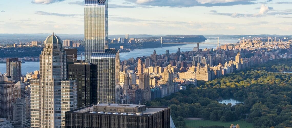 NEW YORK CITY, NEW YORK, UNITED STATES - 2015/10/16: New York skyline and attractions: One57 building with its splendid modern architecture in the skyline of New York City as seen from the Rock Observation Deck.

One57, formerly known as Carnegie 57 is a supertall skyscraper in the Midtown neighborhood of Manhattan, New York City. (Photo by Roberto Machado Noa/LightRocket via Getty Images)