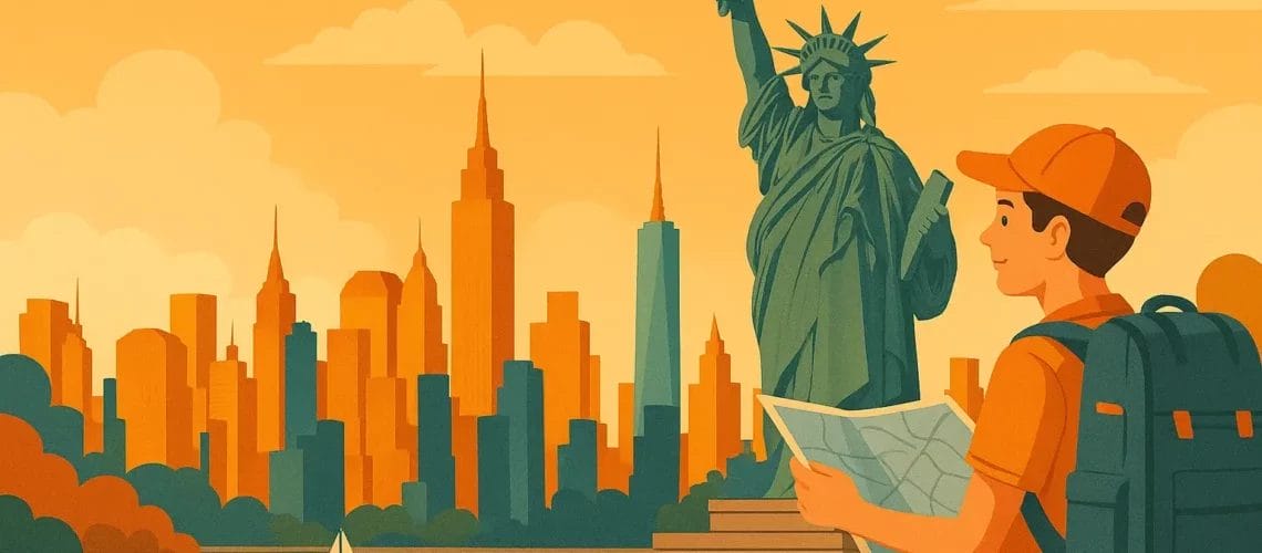 Voyageur avec carte devant la Statue de la Liberté et les gratte-ciel de New York